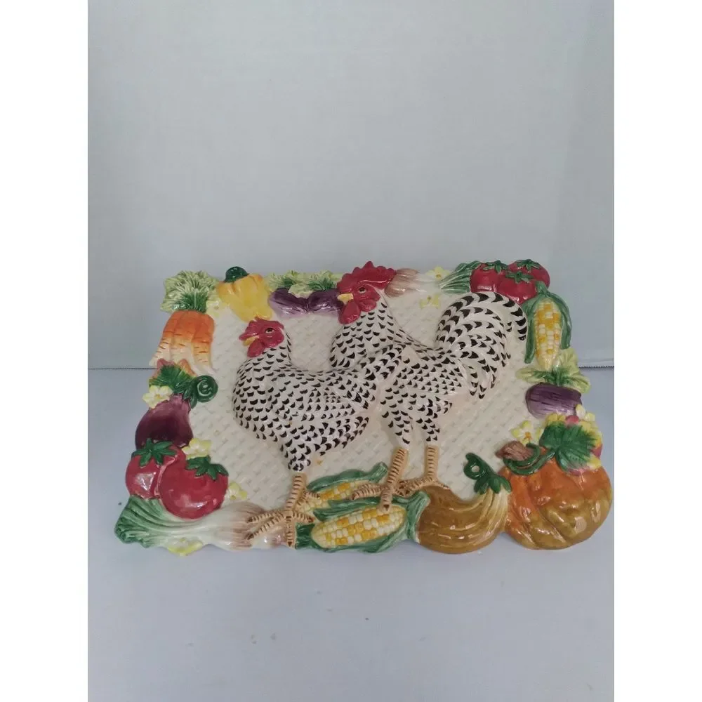 Vintage Farmhouse Rooster Decorative Platter with Vegetable Border Kitchen Decor